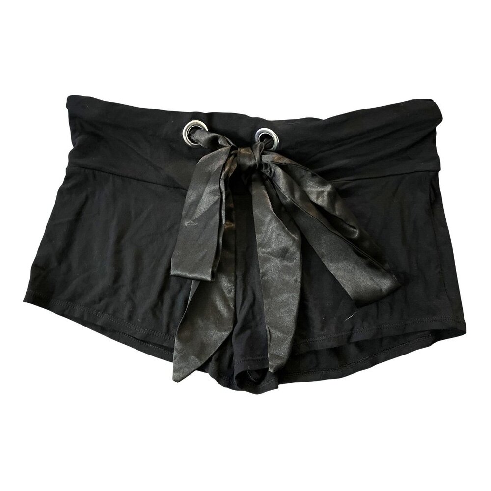 Pink Lipstick Black Satin Tie Micro Shorts Size M Sequin Pockets & Ruched Back